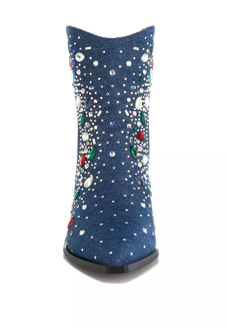 Multi Color Stones Embellished Boots in Dark Blue