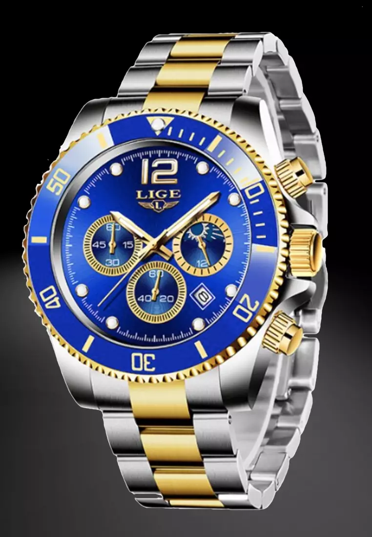Unisex Chronograph Diver's Stainless Steel Quartz Watch with turning Bezel on Steel Bracelet