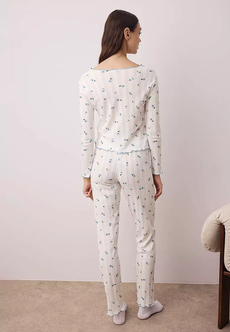 White Blue Floral Ribbon/Bow Ribbed/Pointel Knitted Pajamas Set