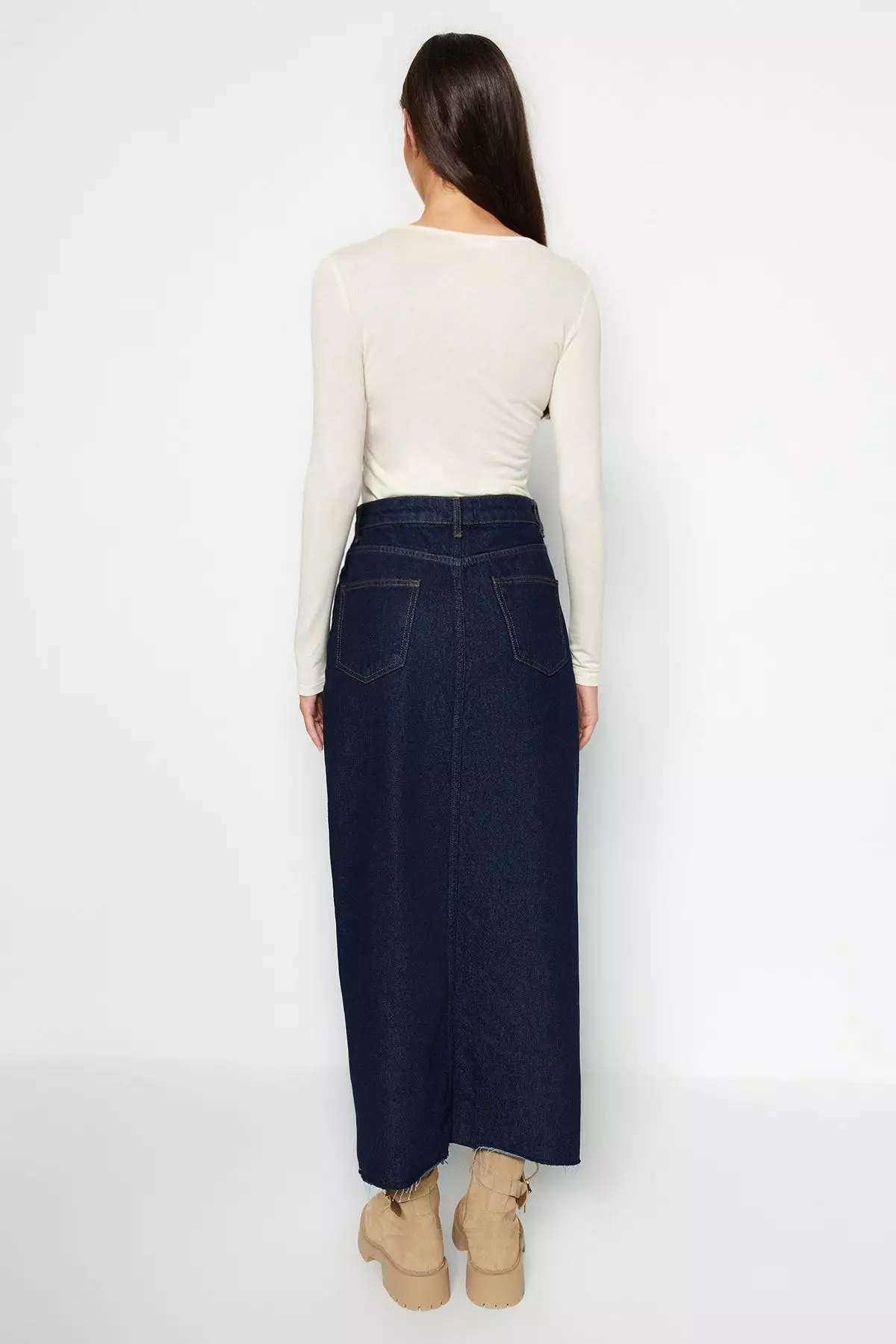 Dark Blue More Sustainable Slit Maxi Denim Skirt TWOSS23ET00290