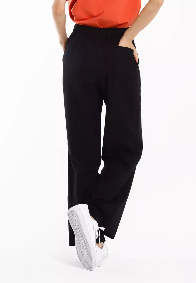 Forest Ladies Cotton Linen Blend Elastic Waisted Wide Leg Pants Women Long Pants - 810547-01Black