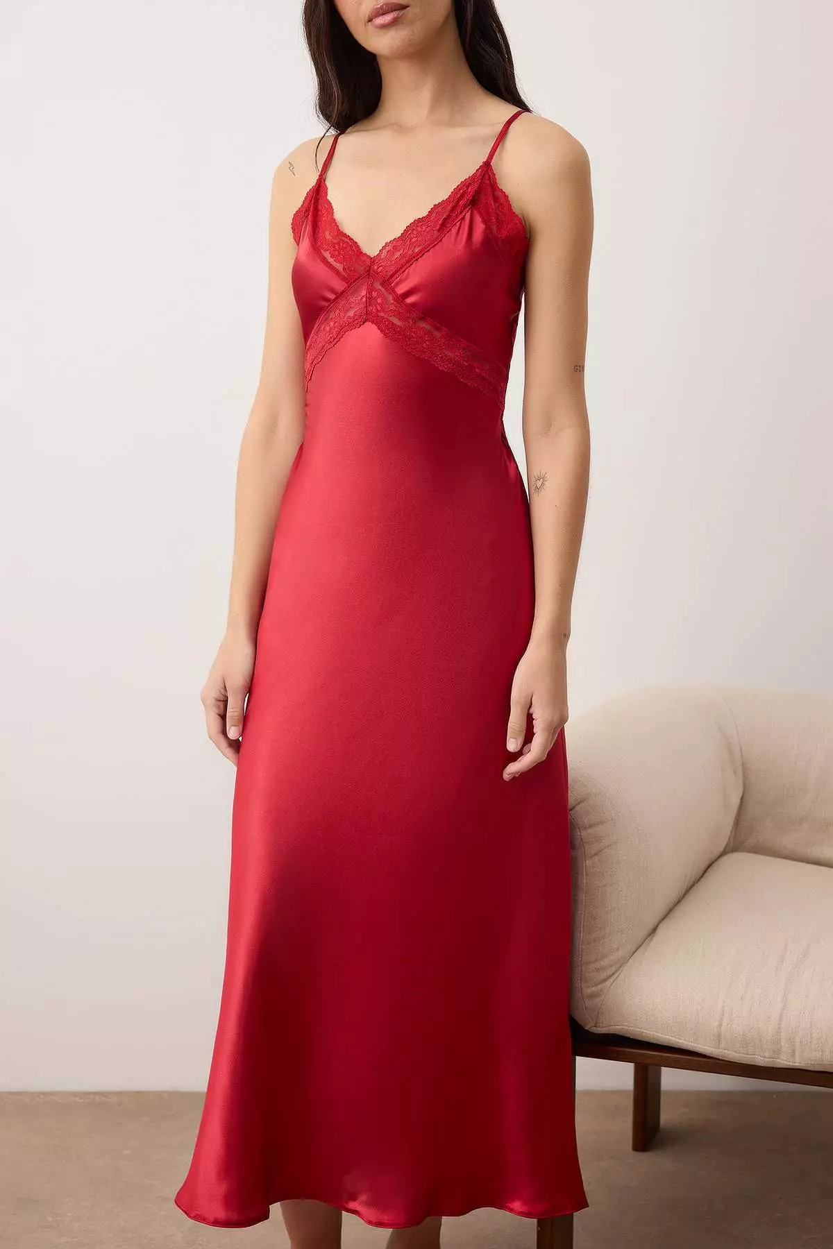 Burgundy Lace Back Detail String Strap Satin Woven Nightgown Thmss24Gc3