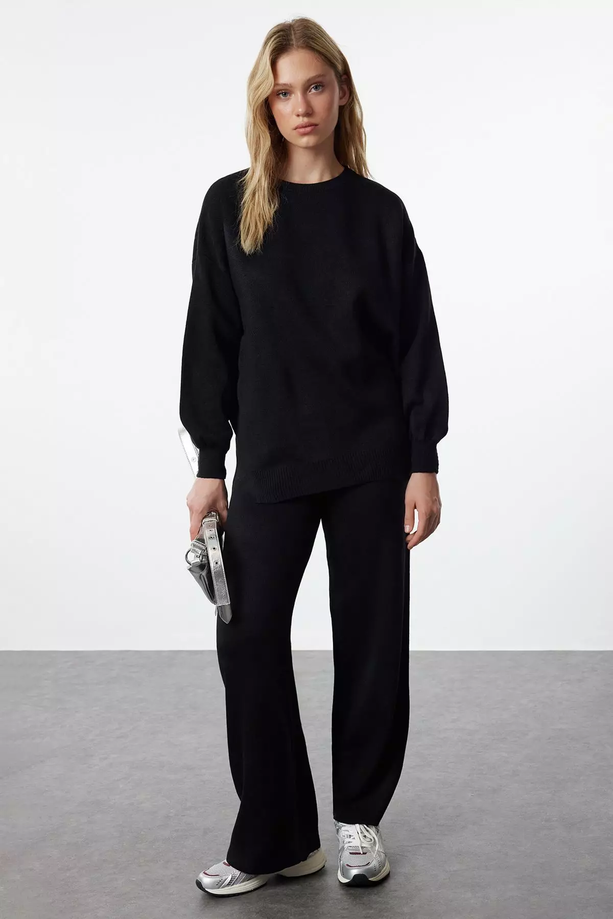 Black Wide Pattern Balloon Sleeve Knitwear Top-Bottom Set TWOAW24AU00067