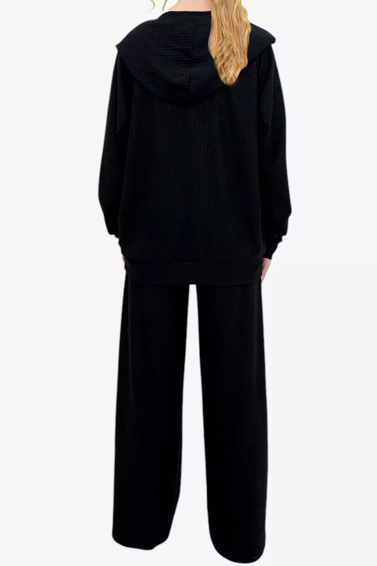Women's Black Hooded Snap Fastener Oversize Sweatshirt and Pants Bottom Top Suit