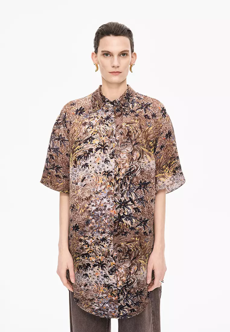混纺图案元素花型宽松短袖衬衣