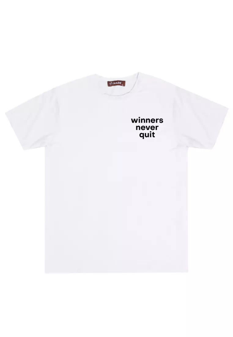 NTD73 kaos slim fit pria anti kusut lengan pendek "winners never quit" putih