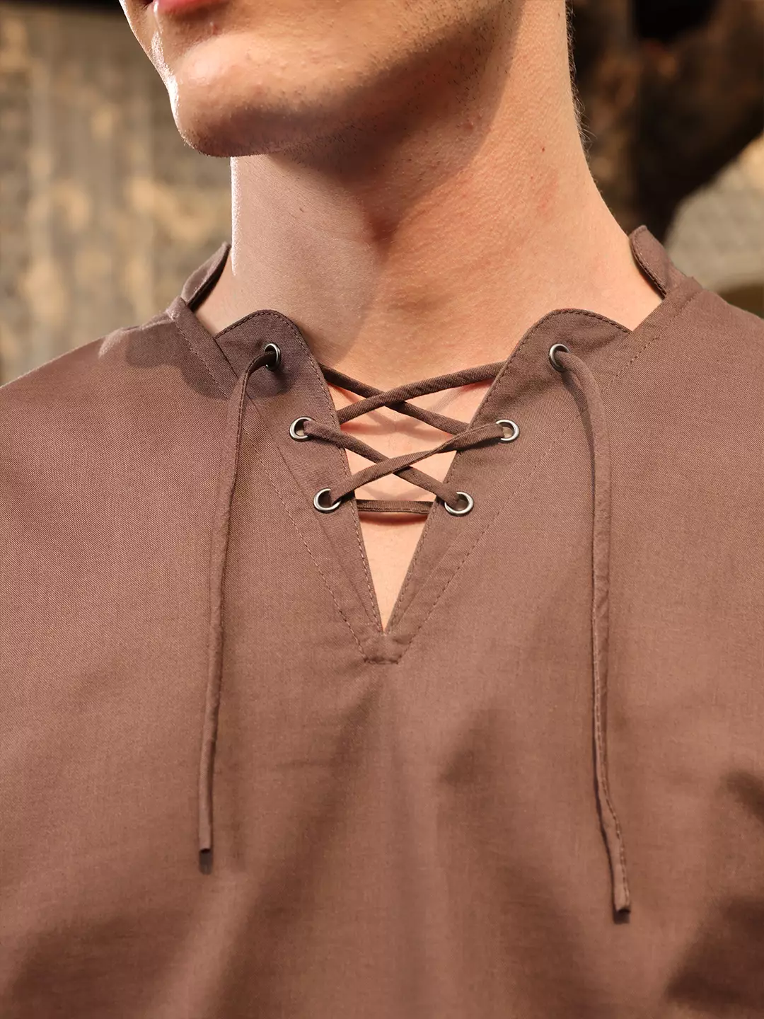 OXCON ZUHUD Kemeja koko Modern Linen Look Collarless Shirt Mid Brown