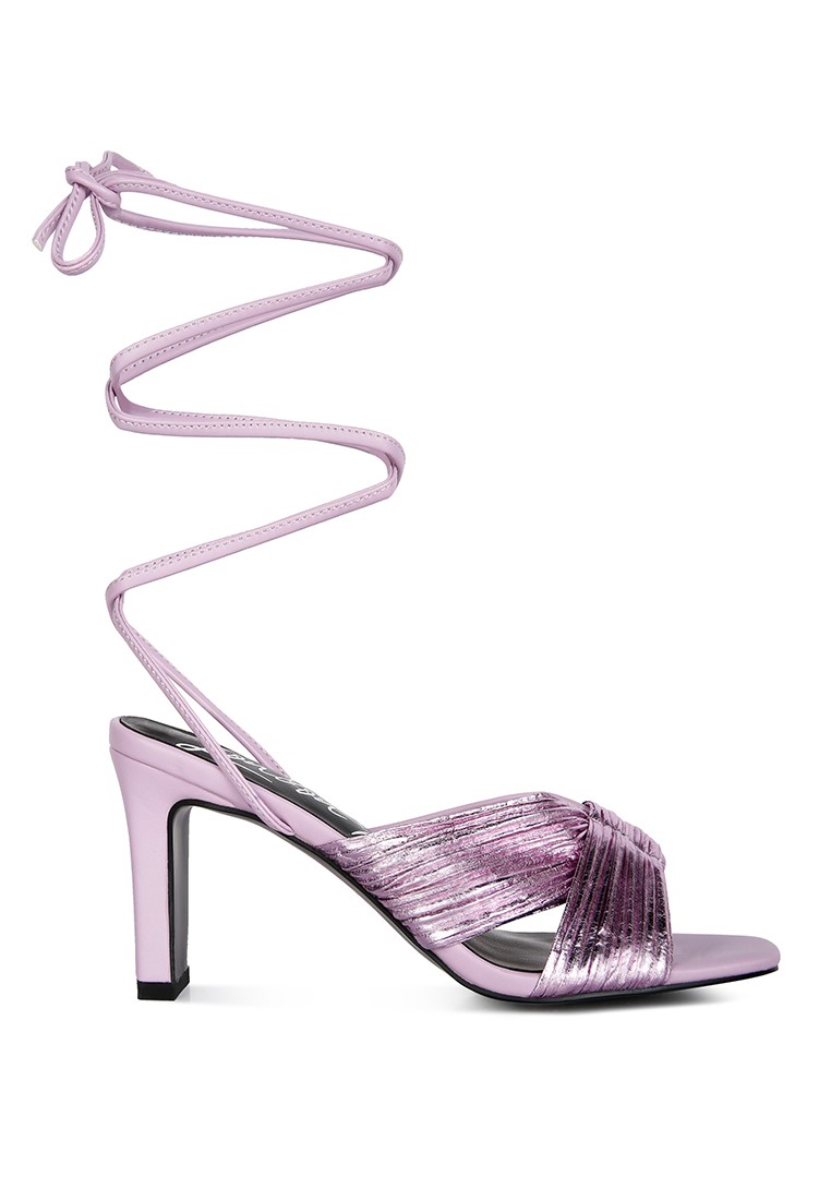 Metallic Purple Tie Up Block Heel Sandals