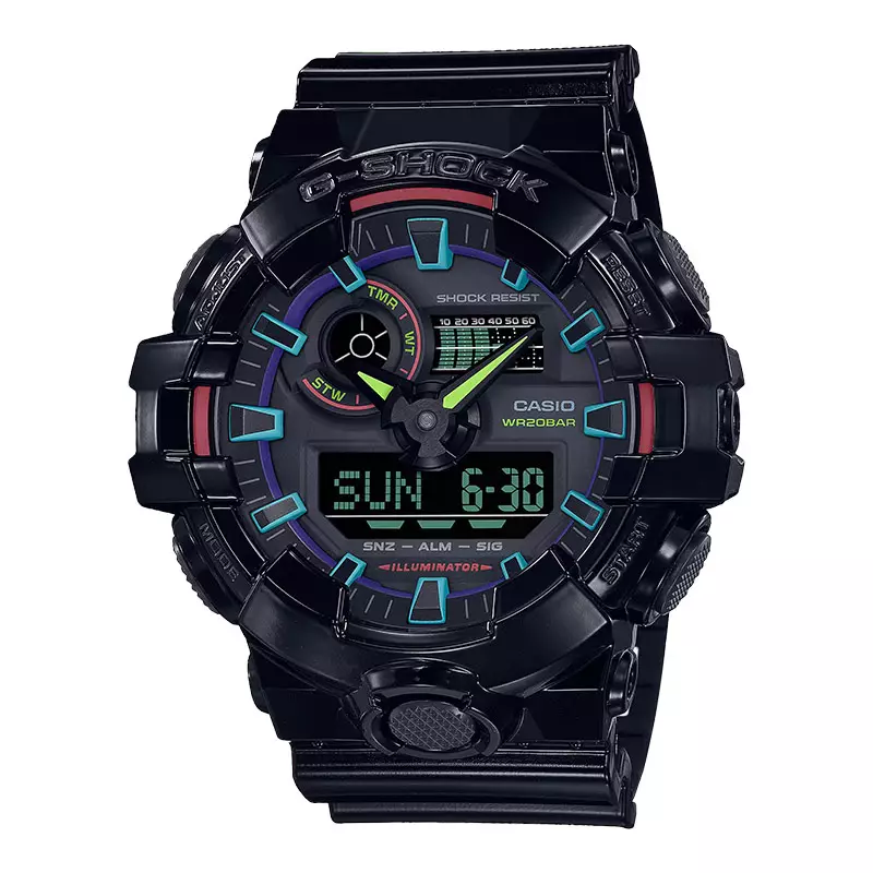 Jam Tangan Pria Casio G-Shock GA-700RGB-1ADR Virtual Rainbow Digital Analog Dial Black Resin Band