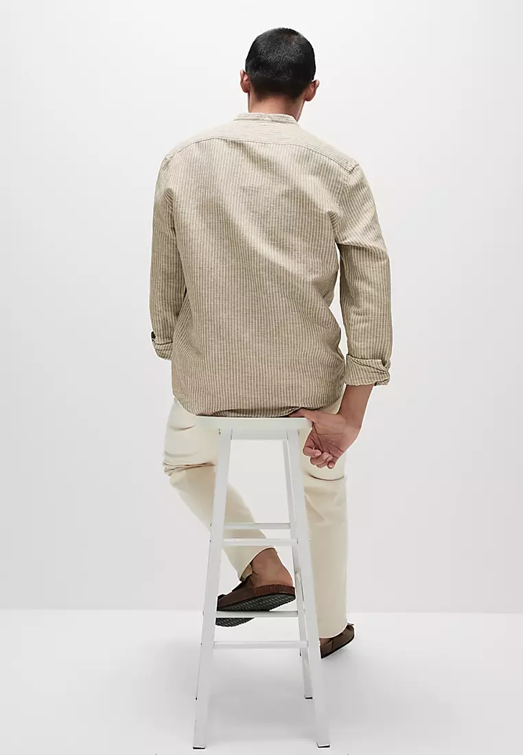 Cotton Linen Blend Striped Grandad Collar Shirt