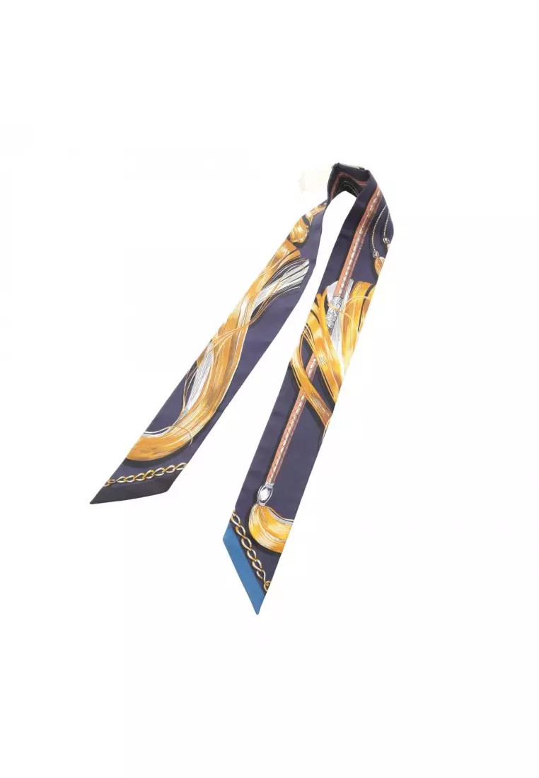 Pre-Loved Hermès twilly Cavalcades ribbon scarf silk Navy multicolor