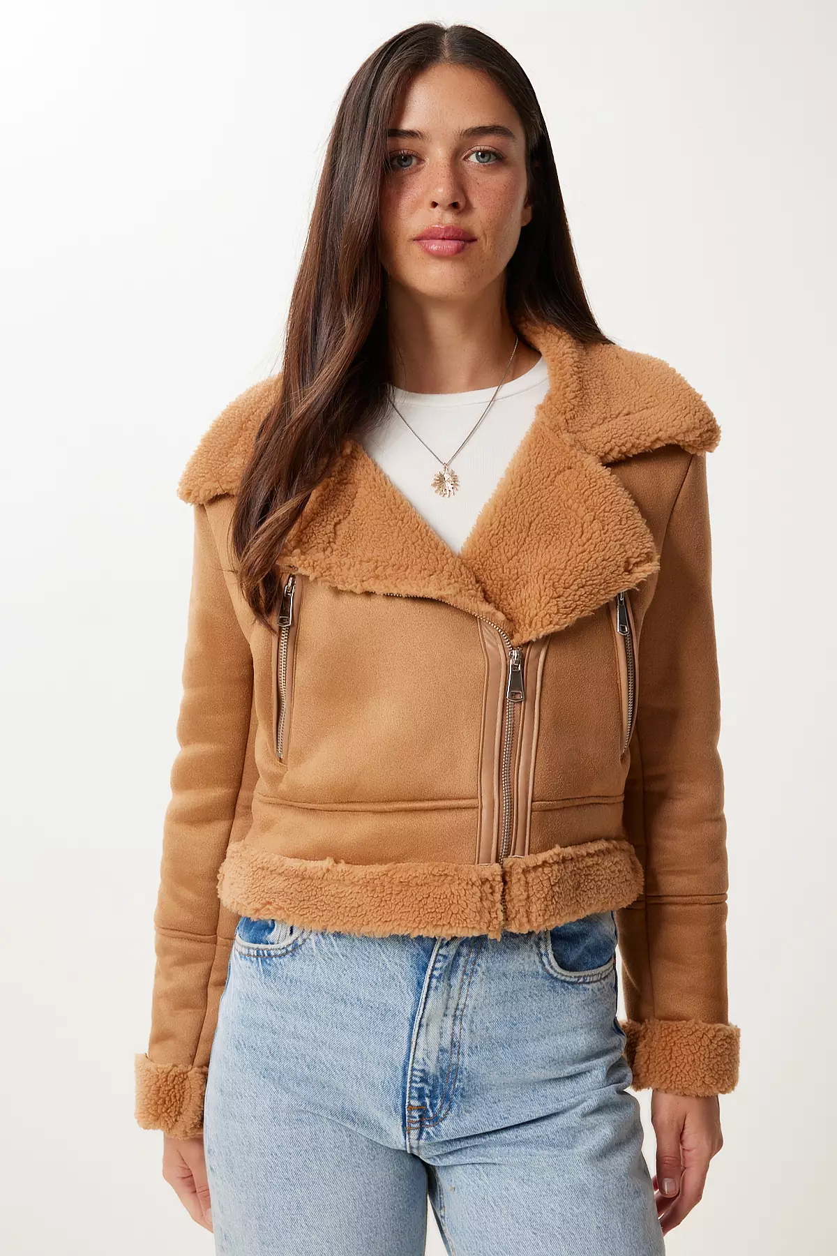 Women's Camel Faux Fur Nubuck Jacket Dd01371