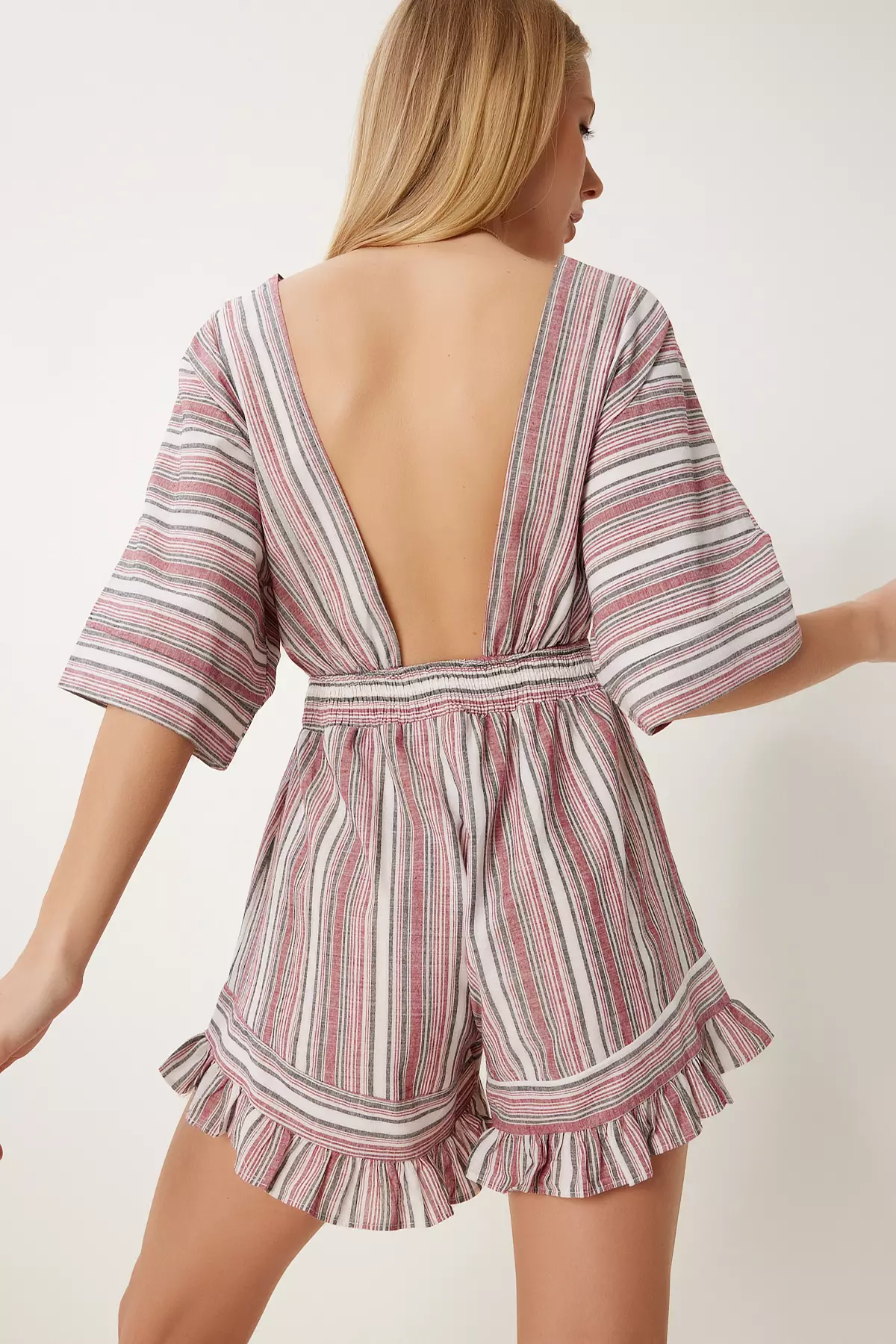Women's Bone Burgundy Striped Linen Shorts Jumpsuit Li00119