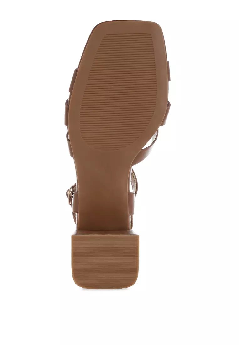 Strappy Square Toe Block Heels In Camel