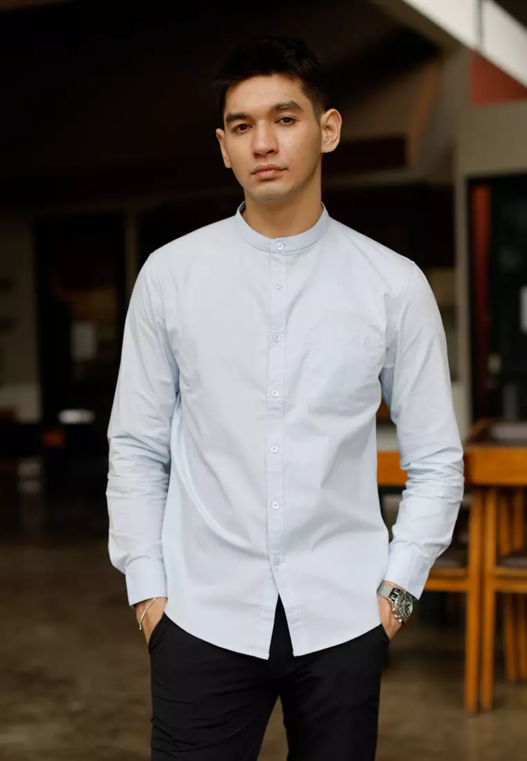 Oxcon Collarless Long Sleeve Business Shirt soft cotton Light Blue