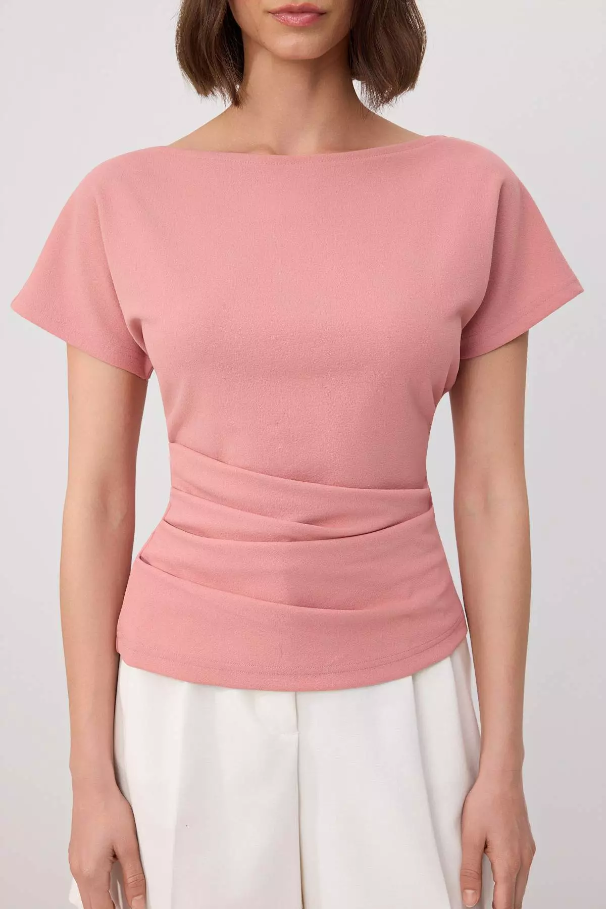 Pink Fitted/Bodycon Boat Neck Low Shoulder Short Sleeve Scuba Crepe Knitted Blouse Twoss26Bz00080