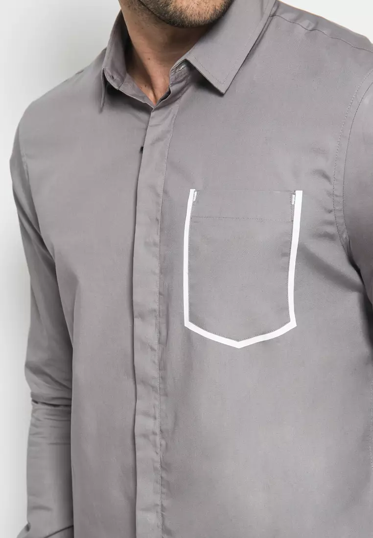 Johnwin - Slim Fit - Kemeja Casual Active - Polos - Abu Muda