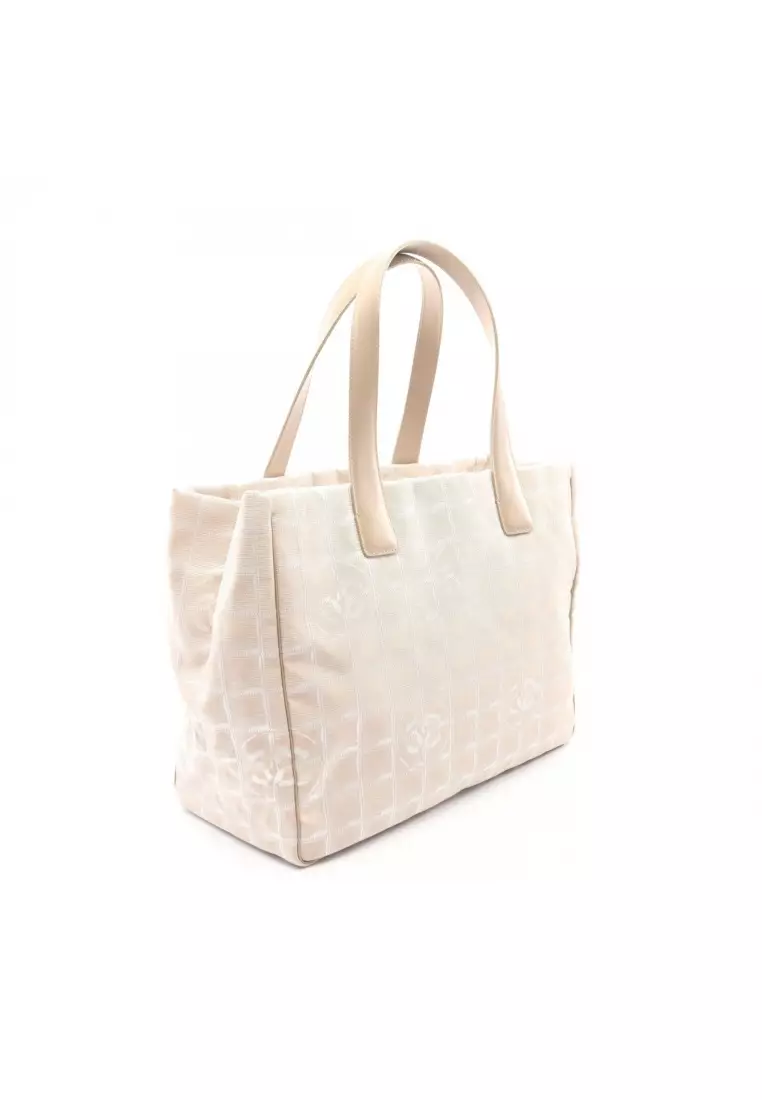Pre-Loved Chanel New travel line MM Handbag tote bag nylon canvas leather beige gold hardware