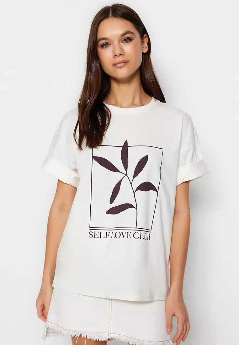 Trendyol Printed Relaxed/Wide, Comfortable Cut Crewneck Knitted T-Shirt