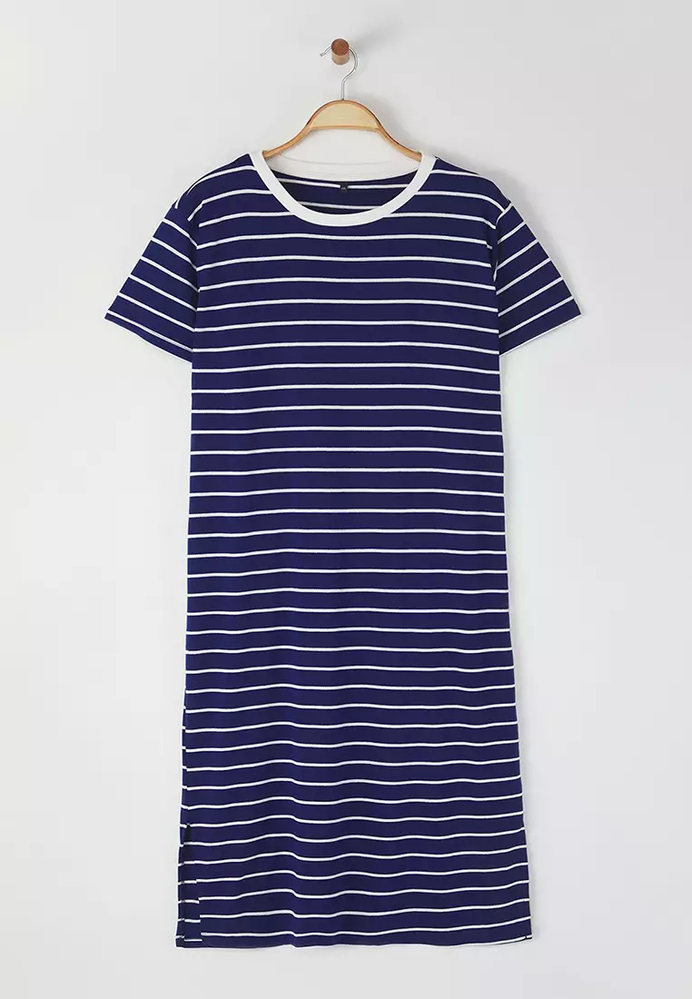 Navy Blue Crew Neck Striped Knitted Plus Size Dress Tbbss25Ah00087