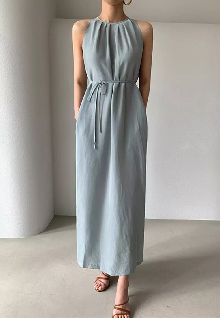 2025簡約系帶收腰開叉連衣裙CA25032720BL