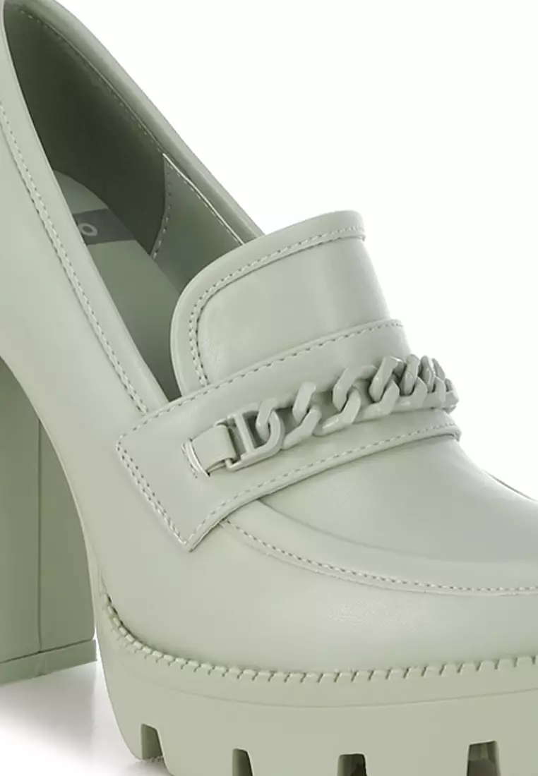 Sepatu Loafer Chunky Bertumit Rantai Warna Hijau