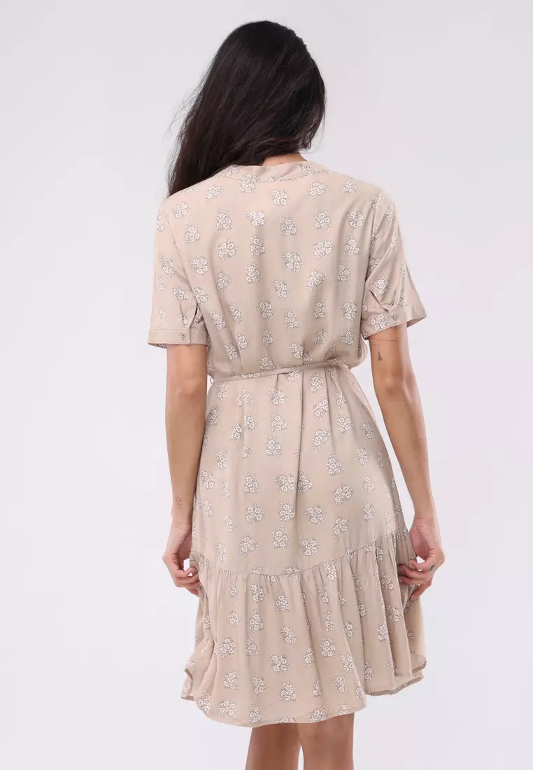 Printed Soft Linen Short Sleeves Chinese Collar Dress