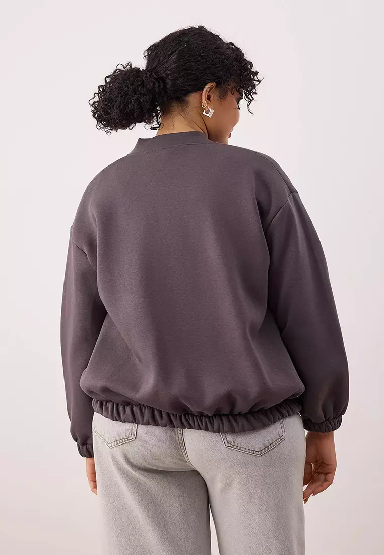 Anthracite Bomber Collar Oversize/Wide Fit Front Zipper Plus Size Sweatshirt Tbbaw26Ao00038