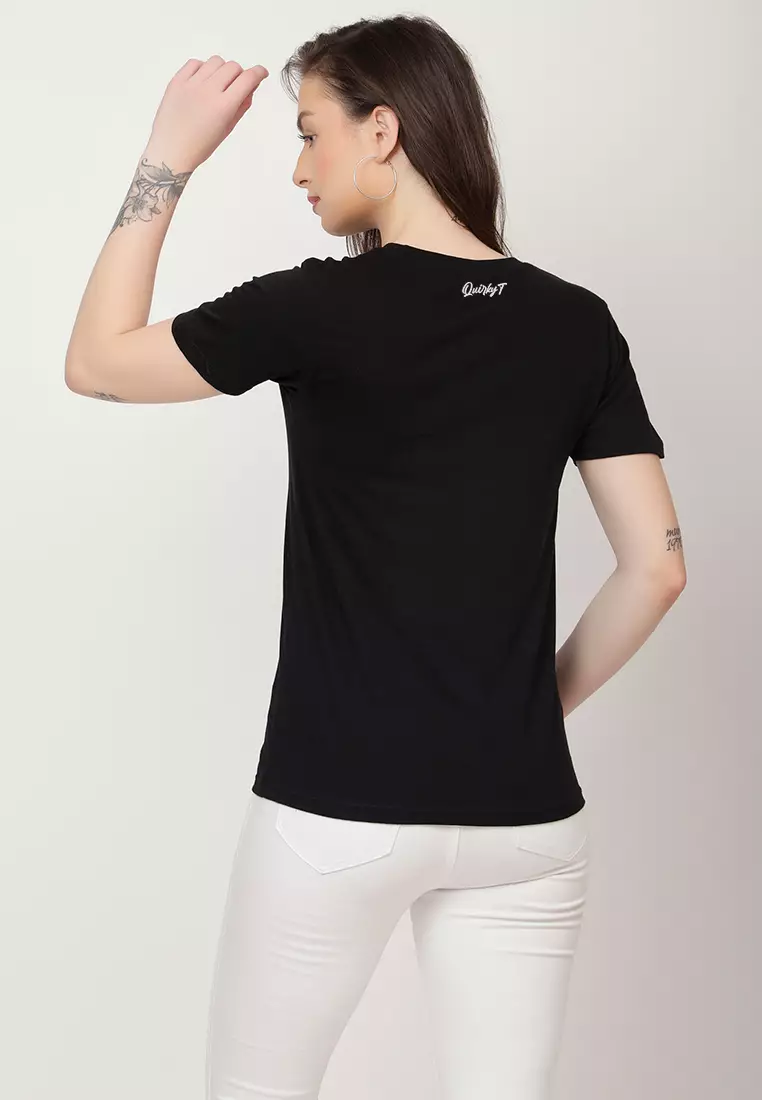 女式扑克牌皇后图案黑色棉质修身短袖圆领T恤