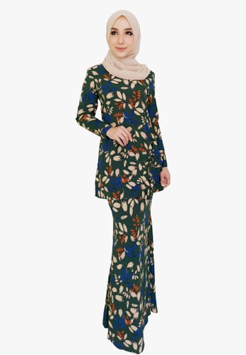 Floral Printed Kurung Moden from Zoe Arissa in Green and Multi