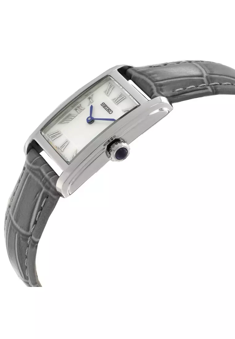 Seiko Essentials Collection Rectangular Case Mother-Of-Pearl Dial Light Grey Leather Band Quartz Watch SWR099P1