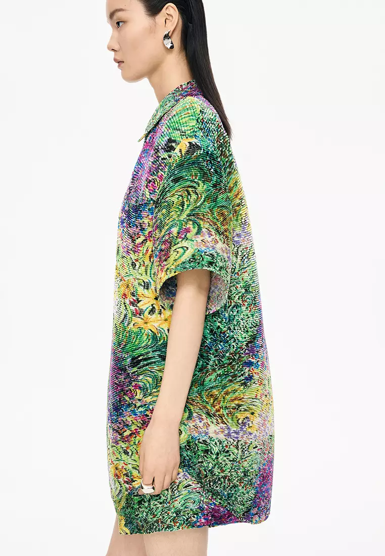 混纺图案元素花型宽松短袖衬衣