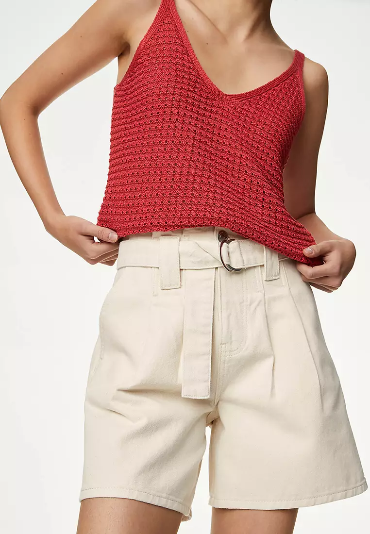 Denim Pleat Front Belted Shorts