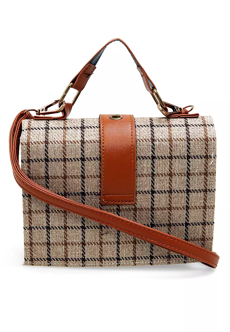 Werlyn Tas Selempang Wanita Tartan Casual Large Storage Material Canvas ORIGINAL - Cream
