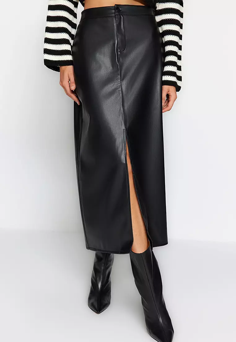 High Waisted Faux Leather Front Slit Midi Skirt