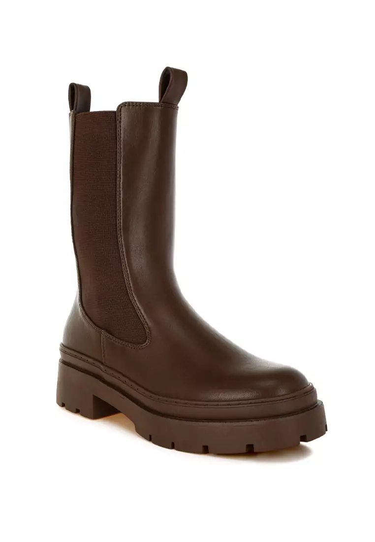 Elasticated Gussets Lug Sole Boots in Brown