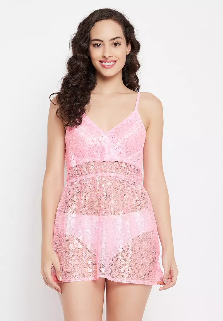 Buy Clovia Clovia Sheer Babydoll with G-String in Baby Pink - Lace