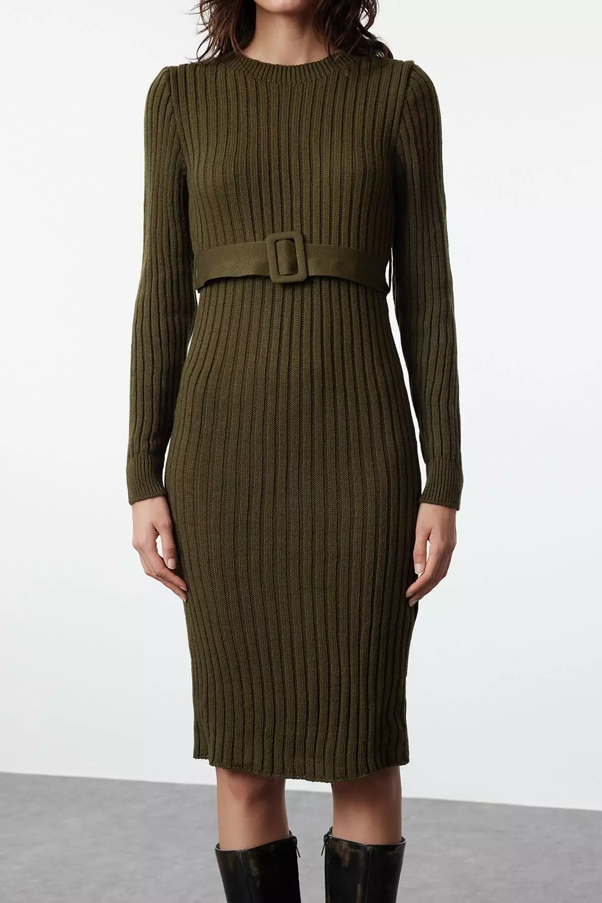 Khaki Mini Knitted Belted Dress TWOAW23EL00444