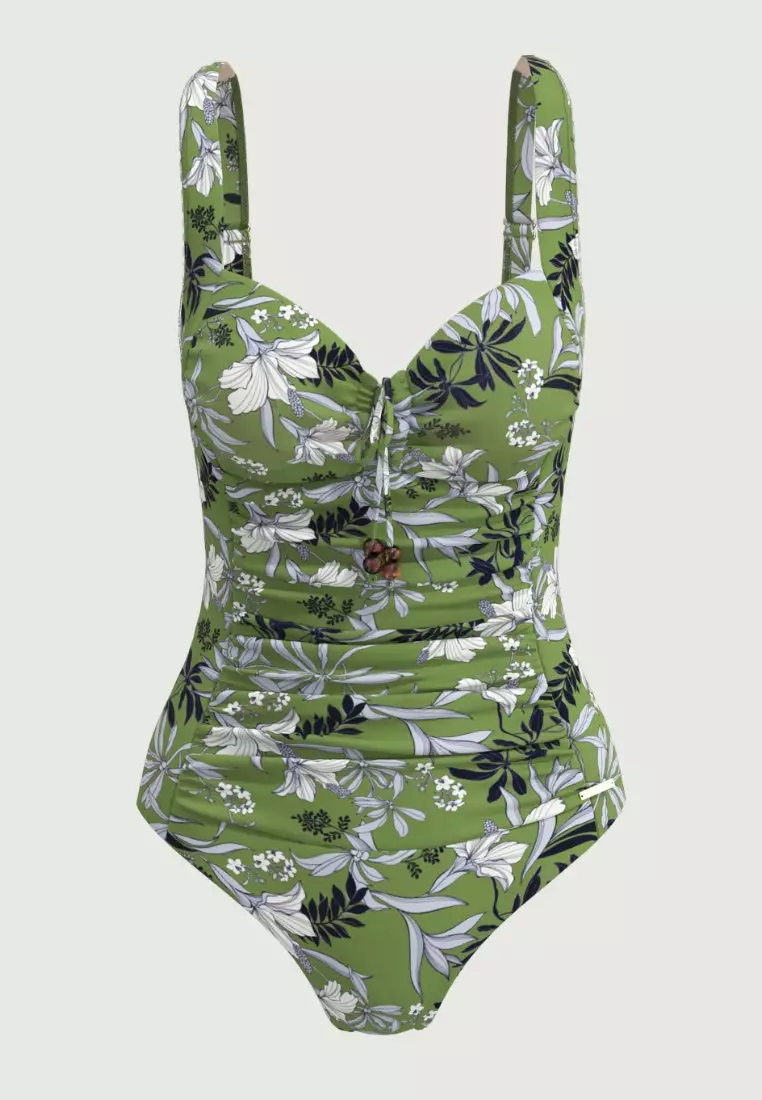 Wild Hibiscus Sea Green Plus Cup Tie Front Onepiece