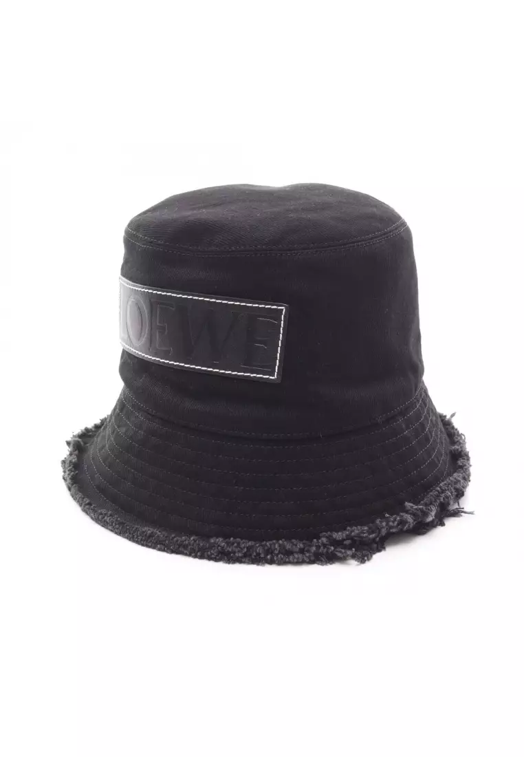 Pre-Loved LOEWE FRAYED BUCKET HAT Leather logo patch hat denim black