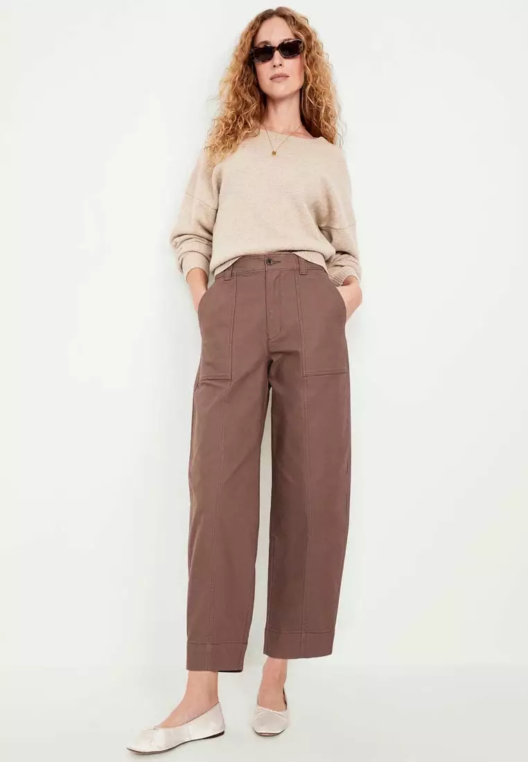High-Waisted Canvas Barrel-Leg Pants