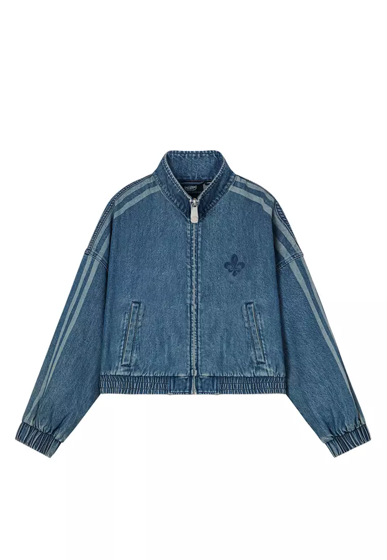WOMEN'S SIDE STRIPE LOOSE FIT CROPPED DENIM JACKET