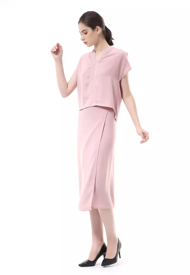 Nayra Setelan Baju & Rok Wanita One Set Adjustable Short Sleeve Material Dolce ORIGINAL - Soft Pink