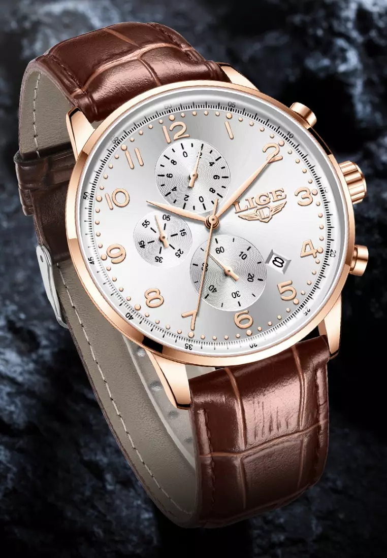 Chronograph Unisex Rose Gold Colored Quartz Watch 43mm, Silver Dial, Brown Leather Strap