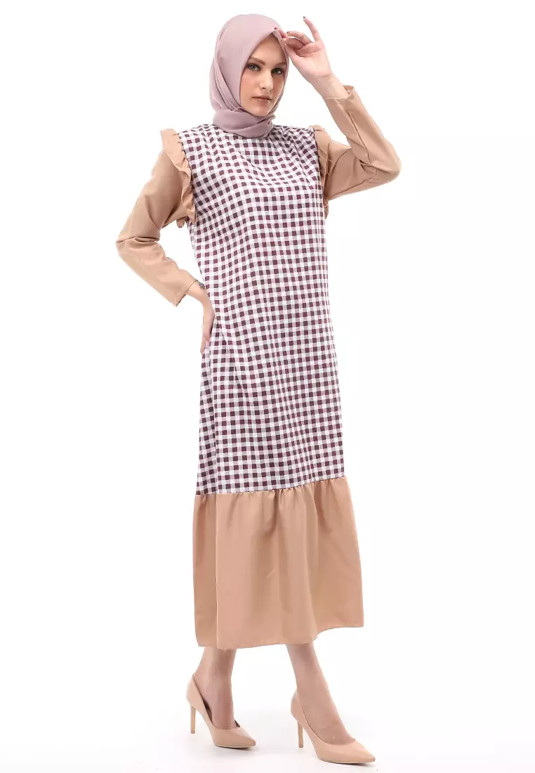 Ghina Gamis Tartan Muslimah Long Casual Wanita Regular Fit - Mocca