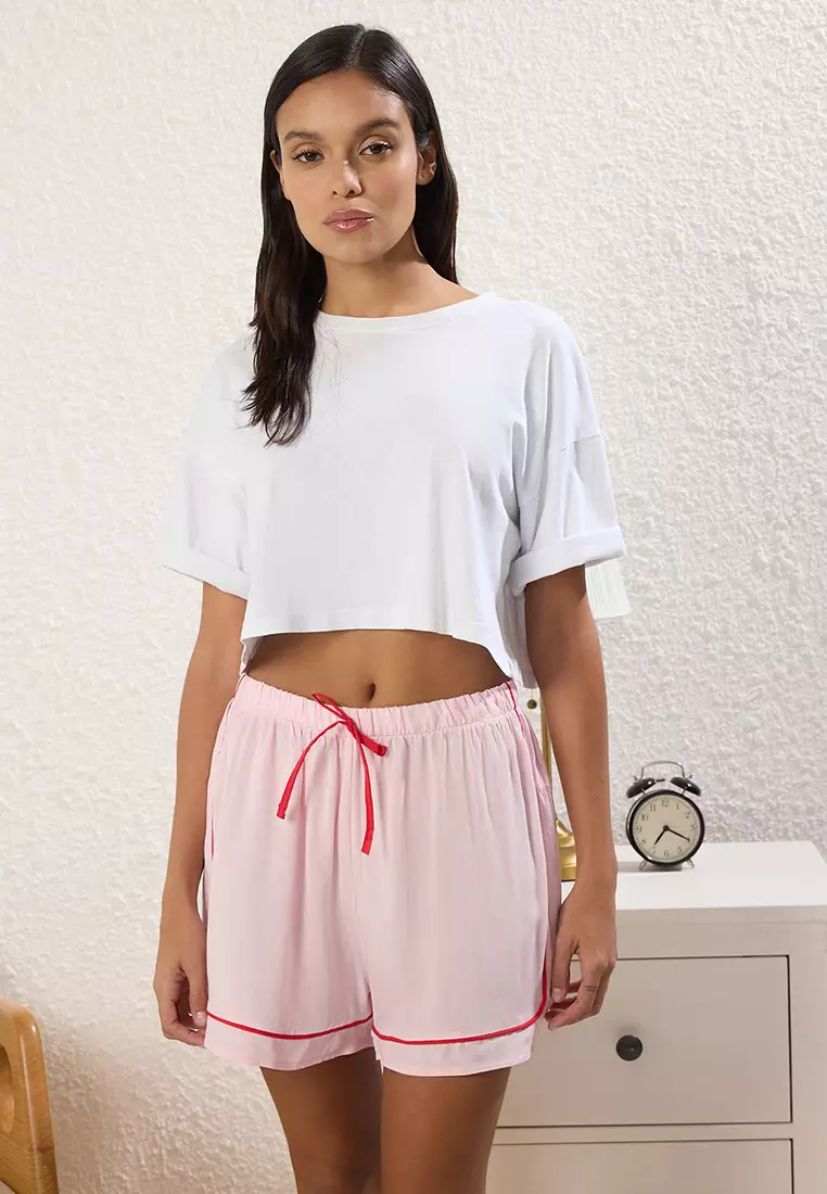 Multi-Colored 2-Pack Tied/Bow and Piping Viscose Shorts Woven Pajama Bottoms THMSS25PJ00012