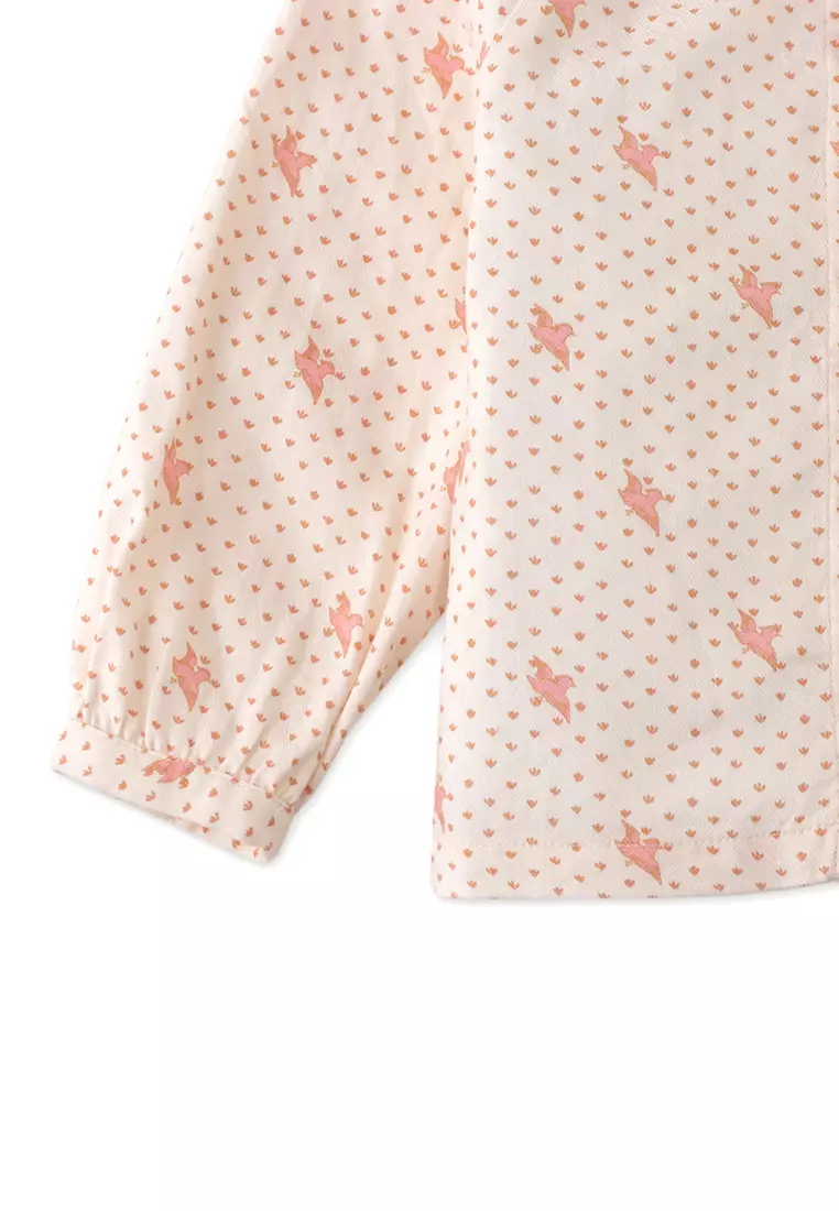 Baby Girls Bird Print Blouse With Peter Pan Collar