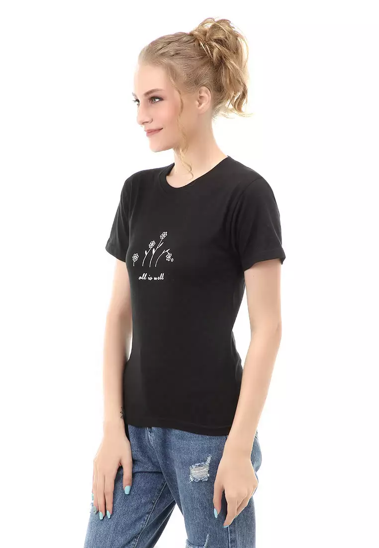 Genevie T-Shirt Kaos Kasual Wanita All Is Well Short Sleeve Material Cotton Combed ORIGINAL - Black