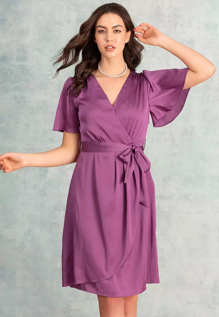 Pink Flared Sleeve Wrap Dress With Belt