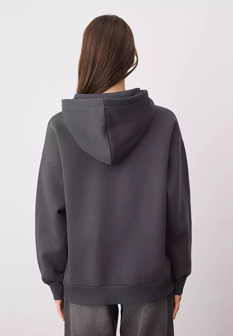 Anthracite Oversize/Wide Pattern Embroidered Thick Inside Polar Fleece Knitted Sweatshirt